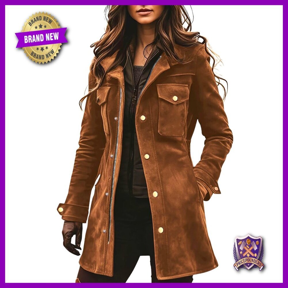 Women's Retro Faux Suede Leather Jacket Zip Up Military Utility Safari Shacket